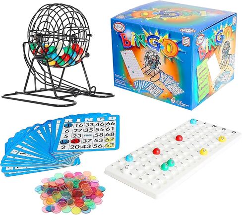 Popular Playthings Classic Bingo Game Kit, Metal Cage with Reusable Cards and Marker Chips, Board Game Set for Adults and Kids - 18 Cards & 150 Chips in Saudi Arabia