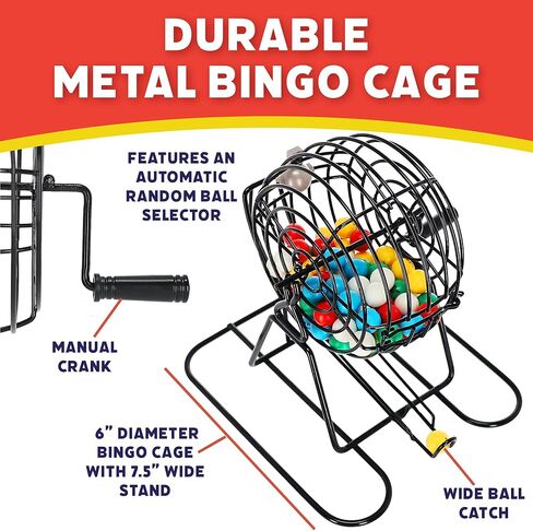Popular Playthings Classic Bingo Game Kit, Metal Cage with Reusable Cards and Marker Chips, Board Game Set for Adults and Kids - 18 Cards & 150 Chips in Saudi Arabia