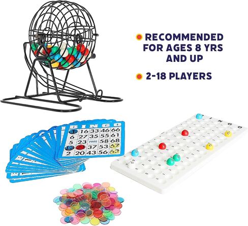 Popular Playthings Classic Bingo Game Kit, Metal Cage with Reusable Cards and Marker Chips, Board Game Set for Adults and Kids - 18 Cards & 150 Chips in Saudi Arabia