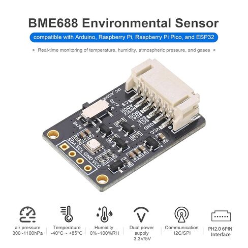 BME688 Environmental Sensor, AI-Enhanced, Monitors Temperature, Humidity, Pressure & Gas, I2C/SPI, 3.3V/5V Compatible for Raspberry Pi, Arduino, ESP32 with AI Function in Kuwait