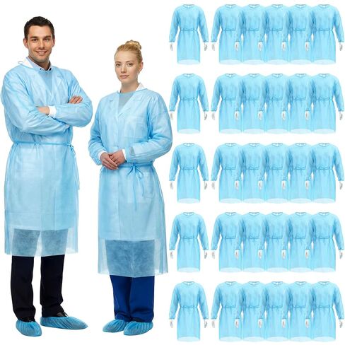 TrelaCo 30 Pcs Blue Disposable Isolation Gowns PPE Disposable Gowns Bulk Fully Closed Double Tie Back Elastic Cuffs for Home Isolation Labs Dental Beauty Agencies Women Men Adult Unisex in Saudi Arabia