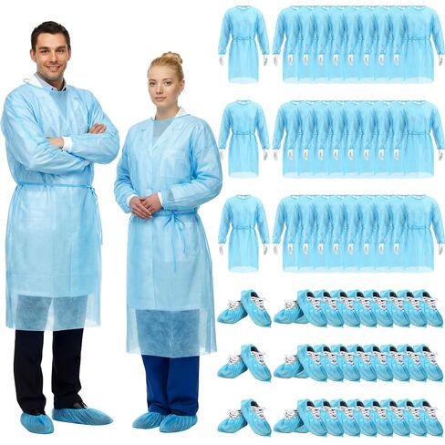 Xuhal 36 Set Blue Disposable Isolation PPE Gowns and Shoe Covers Bulk Fully Closed Double Tie Back Elastic Cuffs for Home Isolation Labs Beauty Agencies Food Service Tattoo Practices Unisex Adult in Saudi Arabia