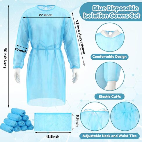 Xuhal 36 Set Blue Disposable Isolation PPE Gowns and Shoe Covers Bulk Fully Closed Double Tie Back Elastic Cuffs for Home Isolation Labs Beauty Agencies Food Service Tattoo Practices Unisex Adult in Saudi Arabia