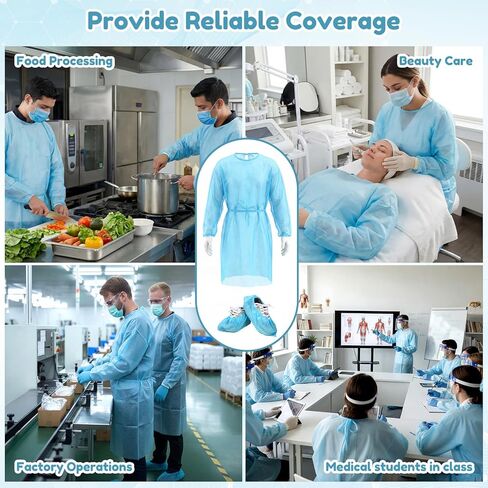 Xuhal 36 Set Blue Disposable Isolation PPE Gowns and Shoe Covers Bulk Fully Closed Double Tie Back Elastic Cuffs for Home Isolation Labs Beauty Agencies Food Service Tattoo Practices Unisex Adult in Saudi Arabia