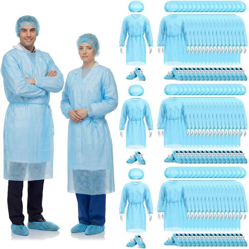 TrelaCo 60 Set Blue Disposable Isolation Gowns PPE Gowns Set Disposable Gown Medical Non Woven Bouffant Caps and Shoe Covers Unisex Adult for Labs, Home Isolation, Beauty & Food Service in Saudi Arabia