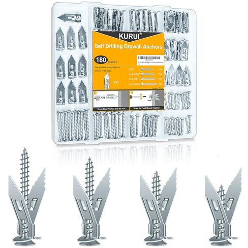 KURUI 180Pcs Self Drilling Drywall Anchors, Metal Heavy Duty Dry Wall Anchors and Screws Kit, Silver Renter Friendly Anchor for Sheetrock,Hollow Wall, Hanging Shelves,Mirrors,Wall Decor,Pictures in Saudi Arabia