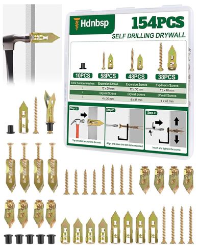 154 قطعة من مثبتات الحوائط الجافة ذاتية الحفر بدون حفر، 3 مقاسات من مراسي الحوائط الجافة المعدنية ومجموعة براغي التمدد للألواح الصخرية - الفولاذ المطلي بالزنك يحمل 100 رطل + لتزيين الجدران، والمرآة، والإطارات، والصور، وحامل التلفزيون in Kuwait