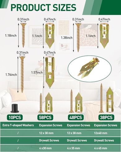 154 قطعة من مثبتات الحوائط الجافة ذاتية الحفر بدون حفر، 3 مقاسات من مراسي الحوائط الجافة المعدنية ومجموعة براغي التمدد للألواح الصخرية - الفولاذ المطلي بالزنك يحمل 100 رطل + لتزيين الجدران، والمرآة، والإطارات، والصور، وحامل التلفزيون in Kuwait