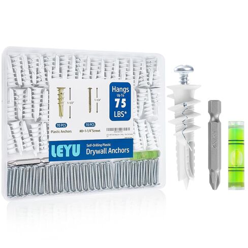 LEYU 140PCS Self Drilling Drywall Anchors and Screws Kit #8 x 1-1/4", Heavy Duty Sheetrock Anchors for Hanging Shelves,Picture Frames,Curtains, No Pre-Drilling, Plastic Dry Wall Anchors in Saudi Arabia