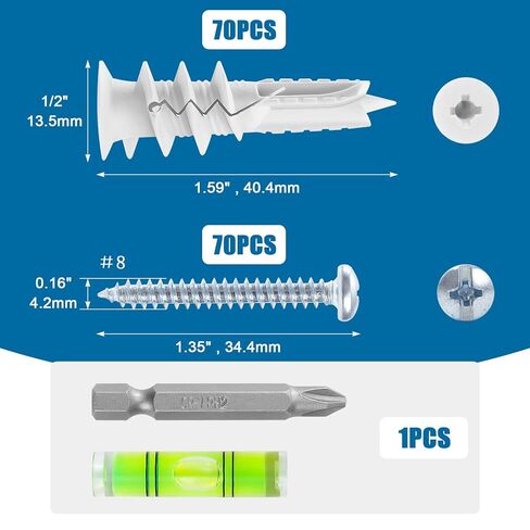 LEYU 140PCS Self Drilling Drywall Anchors and Screws Kit #8 x 1-1/4", Heavy Duty Sheetrock Anchors for Hanging Shelves,Picture Frames,Curtains, No Pre-Drilling, Plastic Dry Wall Anchors in Saudi Arabia