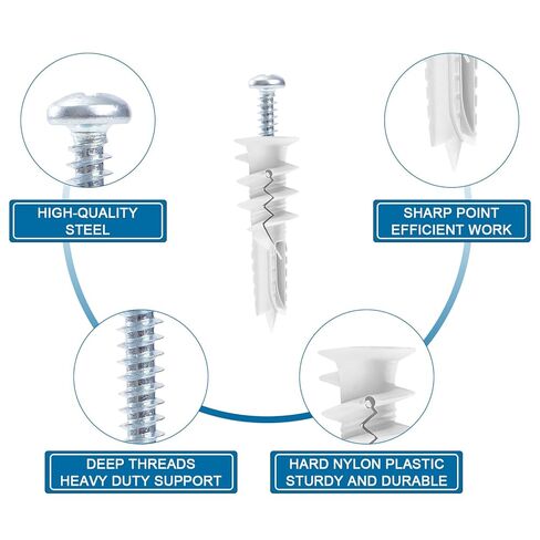 LEYU 140PCS Self Drilling Drywall Anchors and Screws Kit #8 x 1-1/4", Heavy Duty Sheetrock Anchors for Hanging Shelves,Picture Frames,Curtains, No Pre-Drilling, Plastic Dry Wall Anchors in Saudi Arabia