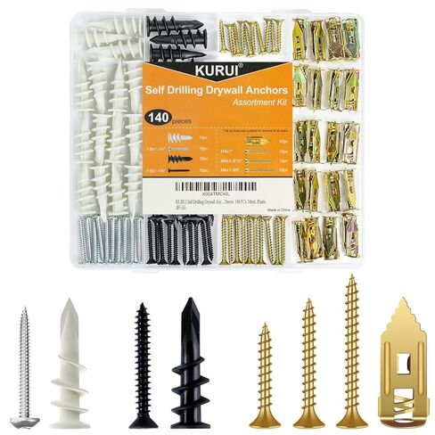 KURUI مجموعة متنوعة من مرساة الحوائط الجافة ذات الحفر الذاتي 140 قطعة، 30 مجموعة من مرساة توسيع بلاستيكية شديدة التحمل و40 مجموعة من مرساة ومسامير قبضة الحوائط الجافة، لتعليق ديكور الحائط، وإطارات الصور، والأرفف in Kuwait