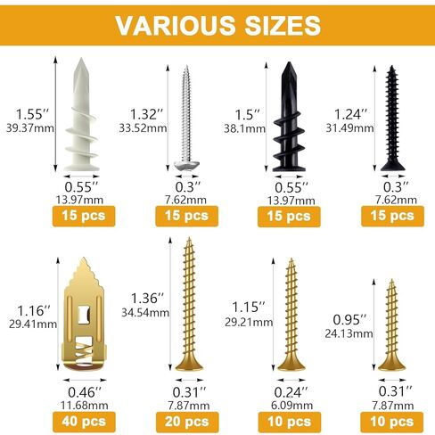 KURUI مجموعة متنوعة من مرساة الحوائط الجافة ذات الحفر الذاتي 140 قطعة، 30 مجموعة من مرساة توسيع بلاستيكية شديدة التحمل و40 مجموعة من مرساة ومسامير قبضة الحوائط الجافة، لتعليق ديكور الحائط، وإطارات الصور، والأرفف in Kuwait