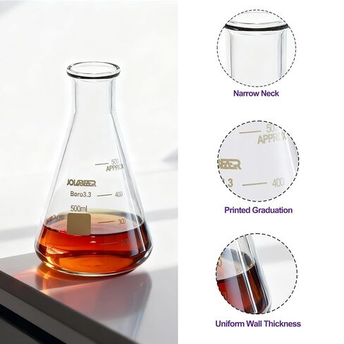 8 عبوات من قوارير Erlenmeyer سعة 500 مل - كوب مخروطي مصنوع من زجاج البورسليكات بدرجة مختبر 3.3، قارورة كيمياء مختبرية ضيقة الفم للعلوم والتخمير والمدرسة وبادئ الخميرة - حزمة إسفنجية EPE in Saudi Arabia
