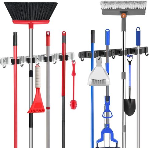 2 حزمة حامل مكنسة جدار جبل ممسحة شماعات، الفولاذ المقاوم للصدأ 4 رفوف 5 خطاف ذاتية اللصق الثقيلة أداة منظم للمرآب المطبخ حديقة غرفة الغسيل المنزل (فضي) in Kuwait