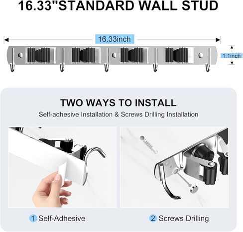 2 Pack Broom Holder Wall Mount Mop Hanger, Stainless Steel 4 Racks 5 Hooks Self Adhesive Heavy Duty Tool Organizer for Garage Kitchen Garden Laundry Room Home (Silver） in Saudi Arabia