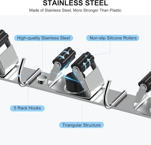 2 Pack Broom Holder Wall Mount Mop Hanger, Stainless Steel 4 Racks 5 Hooks Self Adhesive Heavy Duty Tool Organizer for Garage Kitchen Garden Laundry Room Home (Silver） in Saudi Arabia