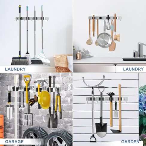 2 Pack Broom Holder Wall Mount Mop Hanger, Stainless Steel 4 Racks 5 Hooks Self Adhesive Heavy Duty Tool Organizer for Garage Kitchen Garden Laundry Room Home (Silver） in Saudi Arabia
