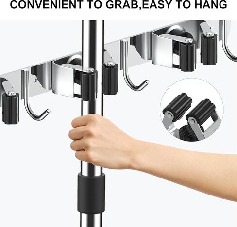 2 Pack Broom Holder Wall Mount Mop Hanger, Stainless Steel 4 Racks 5 Hooks Self Adhesive Heavy Duty Tool Organizer for Garage Kitchen Garden Laundry Room Home (Silver） in Saudi Arabia
