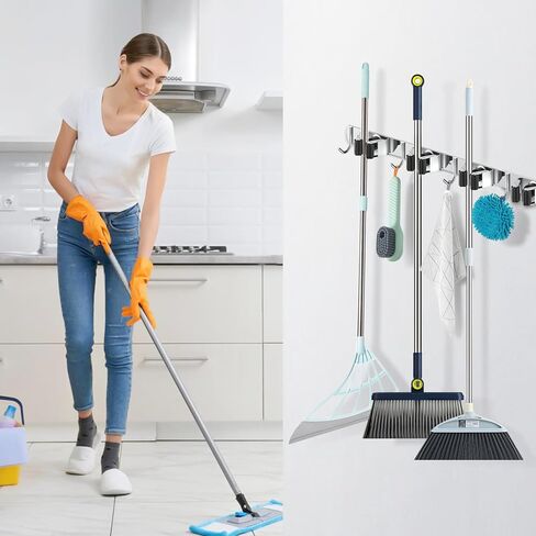 2 Pack Broom Holder Wall Mount Mop Hanger, Stainless Steel 4 Racks 5 Hooks Self Adhesive Heavy Duty Tool Organizer for Garage Kitchen Garden Laundry Room Home (Silver） in Saudi Arabia