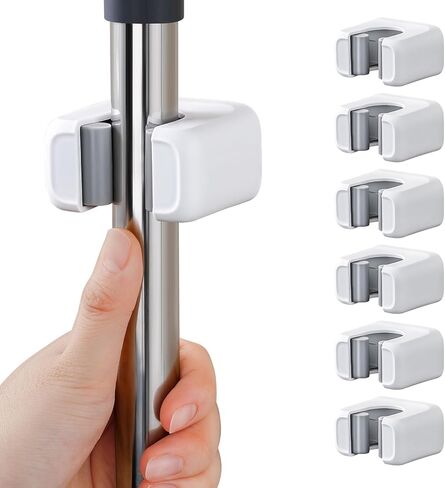 6 قطع من حامل الممسحة والمكنسة على الحائط، لا حاجة إلى ثقب ذاتي اللصق، مقابض ممسحة غير قابلة للانزلاق لجدران البلاط - المطبخ، الحمام، المرآب (أبيض) in Kuwait