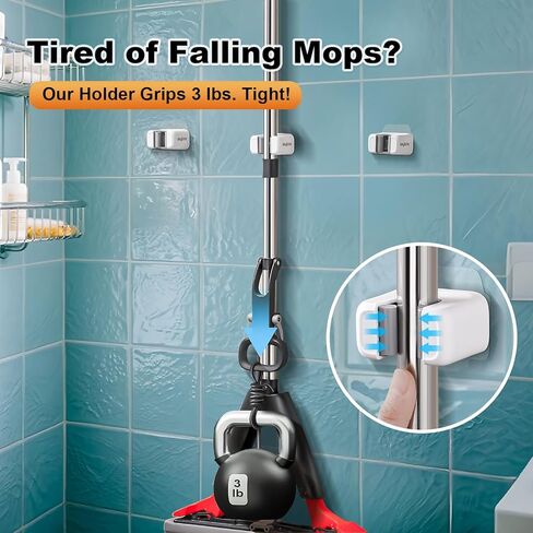 6 قطع من حامل الممسحة والمكنسة على الحائط، لا حاجة إلى ثقب ذاتي اللصق، مقابض ممسحة غير قابلة للانزلاق لجدران البلاط - المطبخ، الحمام، المرآب (أبيض) in Kuwait