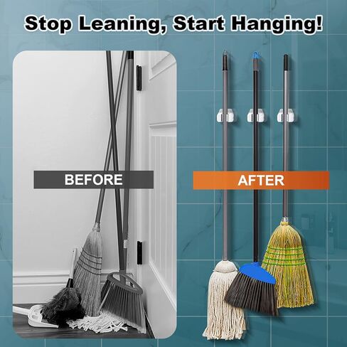 6 قطع من حامل الممسحة والمكنسة على الحائط، لا حاجة إلى ثقب ذاتي اللصق، مقابض ممسحة غير قابلة للانزلاق لجدران البلاط - المطبخ، الحمام، المرآب (أبيض) in Kuwait