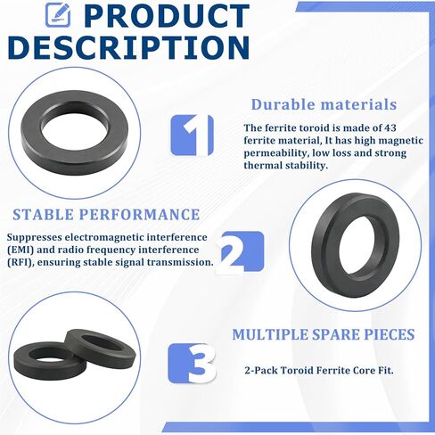 2-Pack Toroid Ferrite Core Fit for FT240-43 Ferrite Toroidal Cores, 2.37"– Reduces RFI/EMI/RF/HF Noise and Signal Loss in Power Transformers, for Industrial or Scientific Use in Saudi Arabia