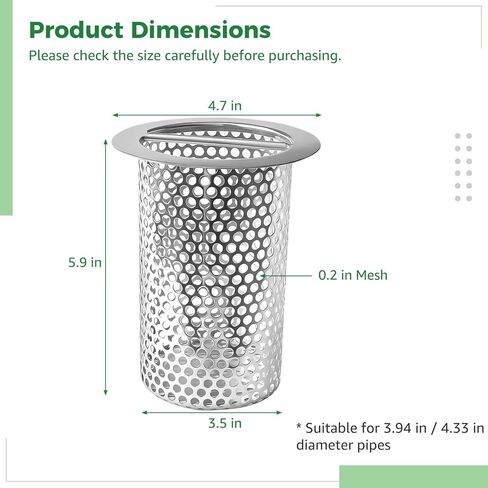 Commercial Floor Drain Strainer with Handle, 4.7 in Lip, 3.5 in Strainer, 5.9 in Height, Stainless Steel Mesh Basket, Fits 3.94/4.33 Pipes in Saudi Arabia