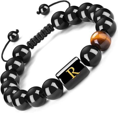 FRG Initials Bracelets for Men Letter Link Handmade Natural Black Onyx Tiger Eye Stone Beads Braided Rope Meaningful Bracelet in Kuwait