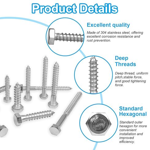 Yinpecly 30 Pcs 1/4" x 1" Hex Head Lag Screws, 304 Stainless Steel Lag Bolts Hexagon Head Wood Screws Heavy Duty Large Screws for TV Mounts, Deck, Boat Repair in Saudi Arabia