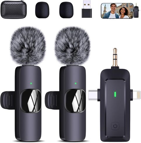 wireless lavalier microphone, suitable for iPhone/Android phones/cameras/computers/four in one lavalier microphone, suitable for video and audio recording, TikTok, etc., with microphone Bags, black in Saudi Arabia