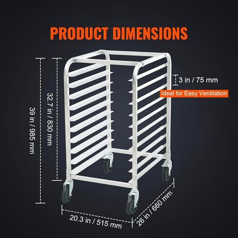Happybuy 10-Tier Bun Pan Rack, 26" L x 20.3" W x 39" H, Aluminum Bakery Storage Trolley with Brake Wheels, Commercial Speed Rack for Home & Kitchen, Bread Baking Equipment in Saudi Arabia