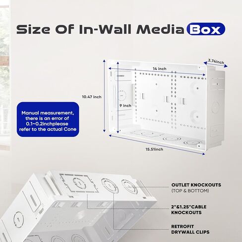 صندوق وسائط حائطي مقاس 9 بوصات - حاوية مجوفة لإخفاء الأسلاك لأجهزة Apple وRoku وFire TV | منظم كابل منظم مع تهوية | لا حاجة للحفر لتركيب الأقواس in Kuwait