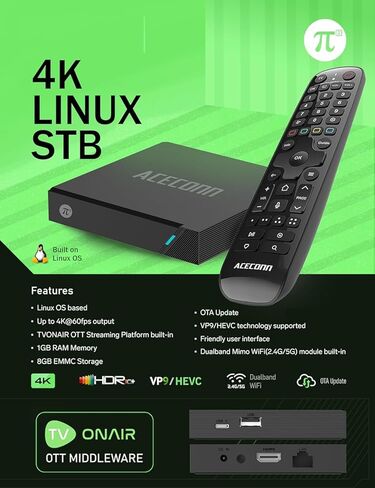 جهاز فك التشفير Pi2 π2 4K Linux | ثنائي النطاق 2.4G/5G واي فاي | جيجابت لان | وحدة المعالجة المركزية اللحاء | 1 جيجا رام، 8 جيجا تخزين | جهاز استقبال مستقر لنظام التشغيل Linux in Kuwait