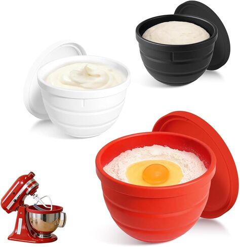 4.5 Qt Foldable Tilt-Head Silicone Liners for kitchenaid Stand Mixer, Silicone Bowl Liners with Lids, Kitchen Aid Accessories and Attachments for Baking and Cooking (3pcs Black+Red+White) in Saudi Arabia