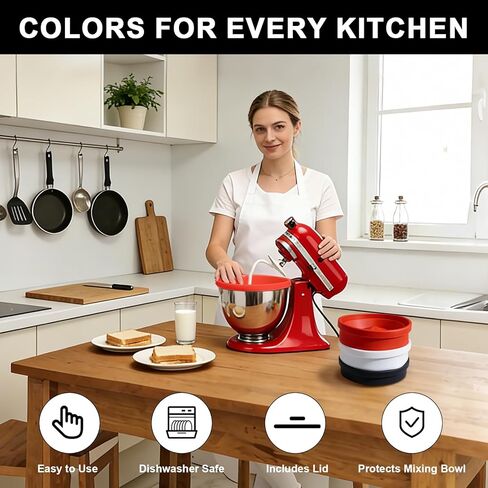 4.5 Qt Foldable Tilt-Head Silicone Liners for kitchenaid Stand Mixer, Silicone Bowl Liners with Lids, Kitchen Aid Accessories and Attachments for Baking and Cooking (3pcs Black+Red+White) in Saudi Arabia
