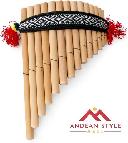 Andean Style, Pan Flute, Natural Bamboo, 13 pipes, Handcrafted Traditional Instrument, Decorative Woven Strap with Red Tassels in Saudi Arabia