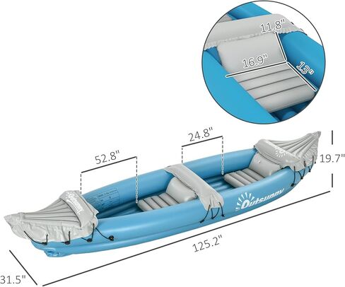 Outsunny K2 Kayak، قارب كاياك قابل للنفخ لشخصين، يتضمن مجاذيف ومجاديف من الألومنيوم ومجموعة إصلاح وقارب نفخ ترادفي محمول، أزرق in Kuwait