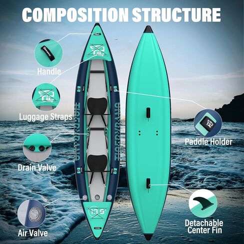 13.8'x37.8''x9.4'' Inflatable 2 Person Kayak, Touring Boat for Adults/Kids, Kayak Set with Removable Seat, Double Paddles, Foot Pedals, Hand Pump and Multifunctional Accessories in Kuwait