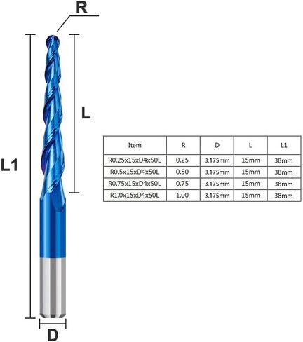 4pcs 2-Flute Tapered Ball Nose Spiral End Mill R0.25-1.0 Carbide Milling Cutter CNC Router Bit Wood Cutters Tools 2D and 3D Engraving Carving Woodworking Bits in Kuwait