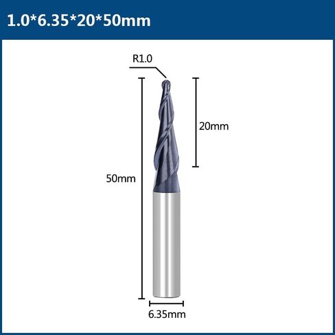 CNC Carving 2 Flutes Tapered Angle Ball End Mill 6.35mm Shank Carbide Endmills Milling Tool R0.25-R1.0 CNC Machine Milling Cutter(R1.0x20x6.35x50) in Saudi Arabia