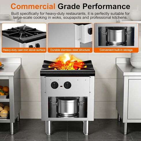 Commercial High Power Gas Stove, 90,000 BTU, Propane and Natural Gas Countertop Cooking Stove Range, with Cabinet, Stainless Steel Hot Plate for Catering, Perfect for Iftar, ETL Certification in Saudi Arabia