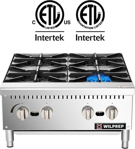 WILPREP Countertop Gas Range, 4 Burner Commercial Hot Plate with Total 100000 BTU, 24" Natural Gas Range with Propane Conversion Kit Grates, Stainless Steel Stove for Restaurant Kitchen, silver in Kuwait