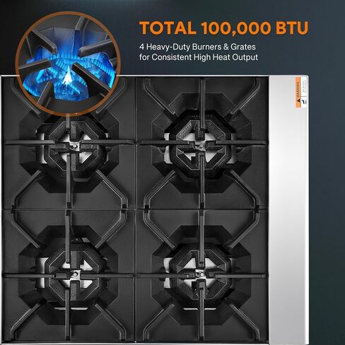 WILPREP Countertop Gas Range, 4 Burner Commercial Hot Plate with Total 100000 BTU, 24" Natural Gas Range with Propane Conversion Kit Grates, Stainless Steel Stove for Restaurant Kitchen, silver in Kuwait