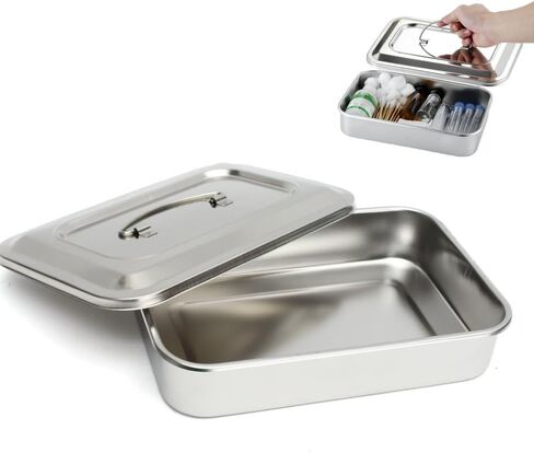 Medical Stainless Steel Surgical Tray, Stainless Steel Dental Instruments Tray Organizer Holder, Sterilization Plate Trays with Lid & Handle, 11.8" x 7.8" x 2" in Saudi Arabia
