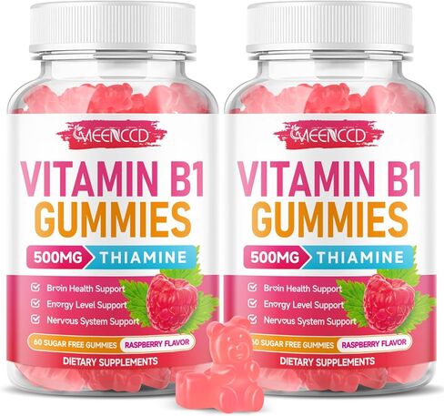 Vitamin B1 Gummies 500mg, Thiamine B1 Supplement Supports Energy Production, B1 Vitamin for Adults & Kids, Sugar-Free, Vegan, Raspberry Flavor, 60 Count in Kuwait
