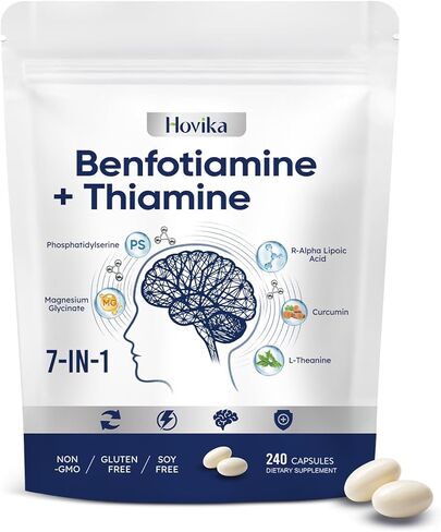 Vitamin B1 Benfotiamine 300mg with R-ALA 600mg & Thiamine - Advanced Nerve Support Supplement with Phosphatidylserine, L-Theanine, Turmeric & Magnesium - Non-GMO, Gluten Free, 240 Capsule in Kuwait