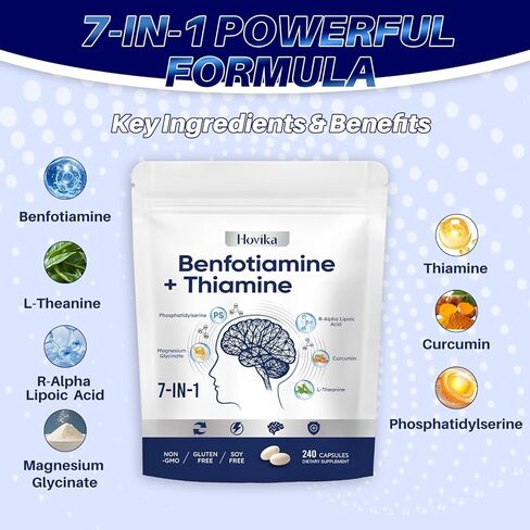 Vitamin B1 Benfotiamine 300mg with R-ALA 600mg & Thiamine - Advanced Nerve Support Supplement with Phosphatidylserine, L-Theanine, Turmeric & Magnesium - Non-GMO, Gluten Free, 240 Capsule in Kuwait
