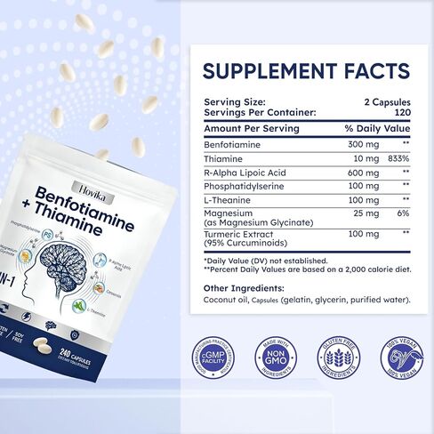 Vitamin B1 Benfotiamine 300mg with R-ALA 600mg & Thiamine - Advanced Nerve Support Supplement with Phosphatidylserine, L-Theanine, Turmeric & Magnesium - Non-GMO, Gluten Free, 240 Capsule in Kuwait